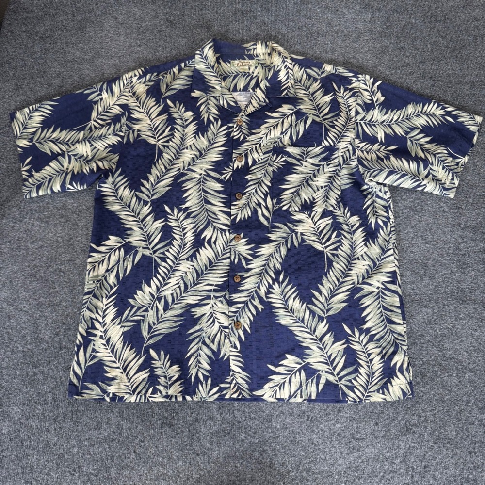 Tommy Bahama Mens Large Silk Camp Shirt Blue Palm Frond Tropical Aloha Hawaiian